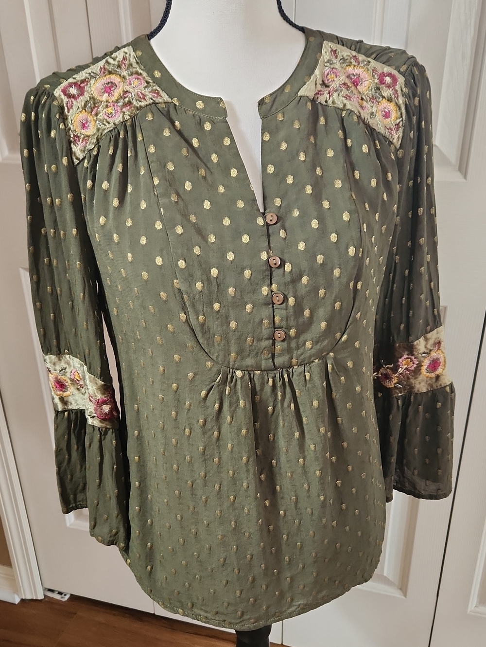 Chico's Olive Green Metallic Dot Embroidered Peasant Top